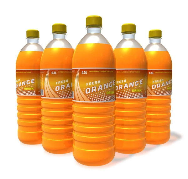 Набор апельсиновых напитков в пластиковых бутылках — стоковое фото