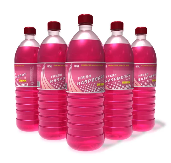 Set of raspberry drinks in plastic bottles — Stock Photo, Image