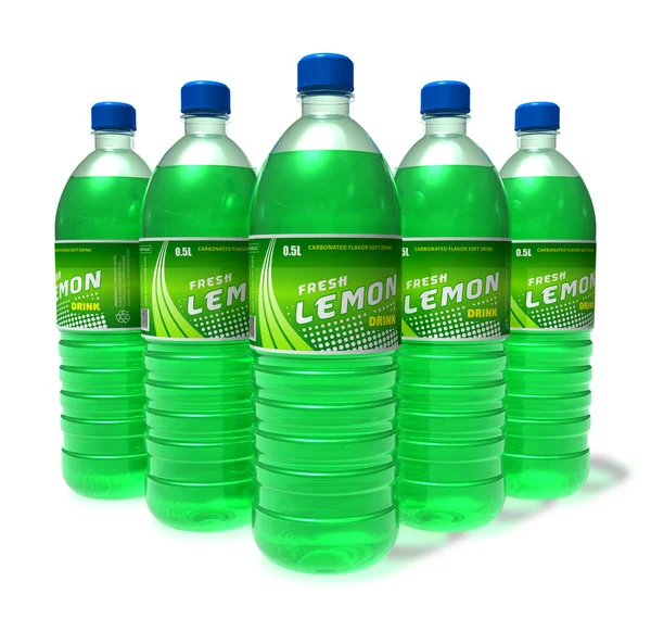 Conjunto de bebidas de limão em garrafas de plástico — Fotografia de Stock