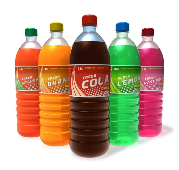 Conjunto de bebidas refrescantes em garrafas de plástico — Fotografia de Stock