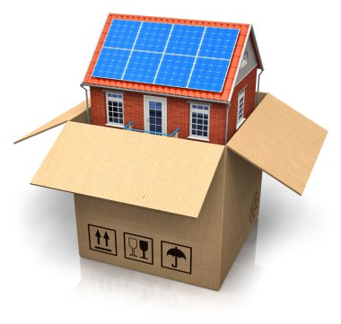 House with solar batteries in cardboard box clipart