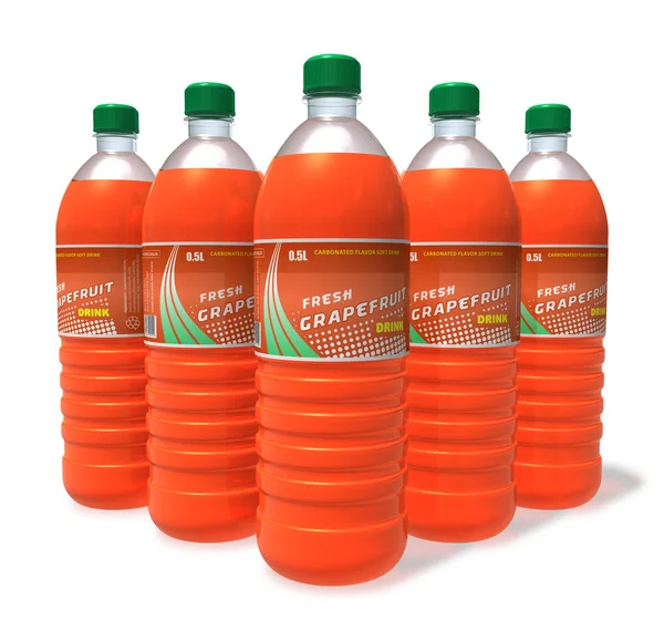 Zestaw grejpfruta napojów w butelkach z tworzywa sztucznego — Zdjęcie stockowe