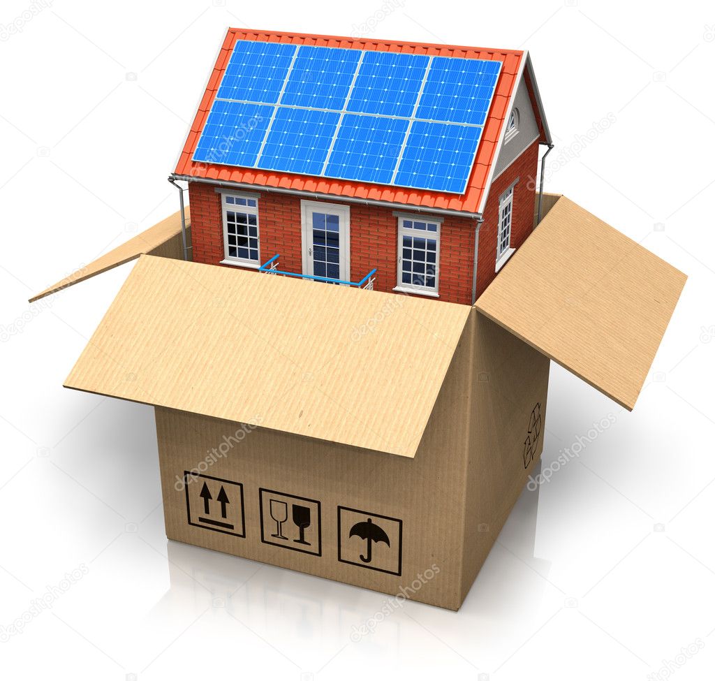 House with solar batteries in cardboard box