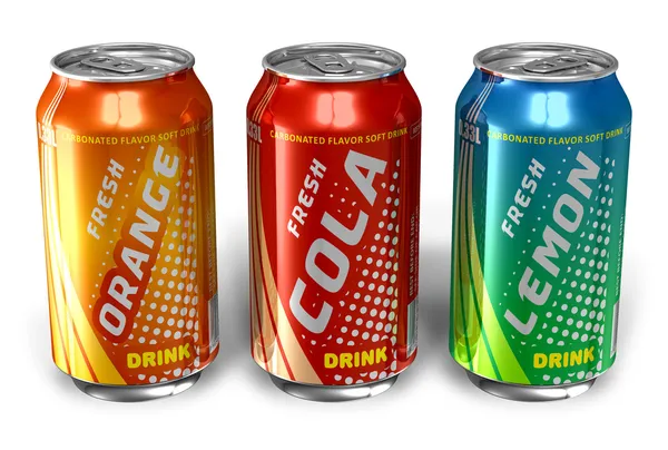 Set of refreshing soda drinks in metal cans — Stock Photo, Image