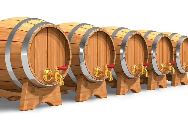 Fila de barris de vinho de madeira com válvulas — Fotografia de Stock