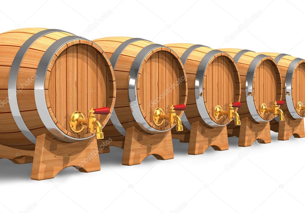 Row of wooden wine barrels with valves