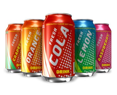 Set of refreshing soda drinks in metal cans clipart