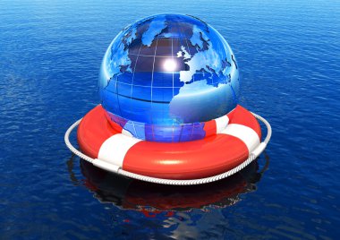 Earth globe in lifebuoy floating in water clipart
