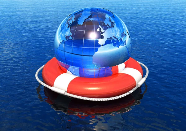 Earth globe in lifebuoy floating in water — Stock Photo, Image