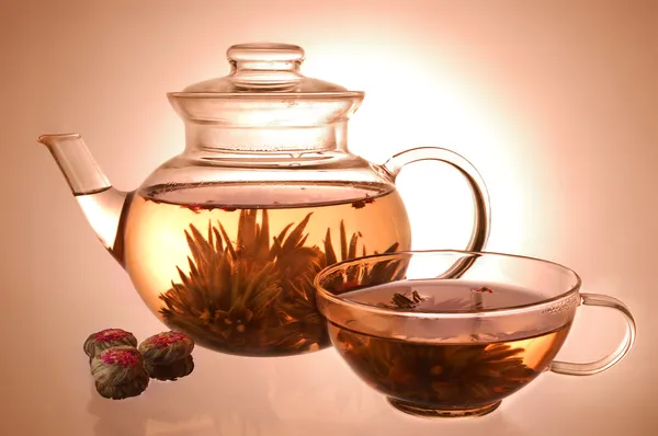 Стеклянный чайник и чашка — стоковое фото