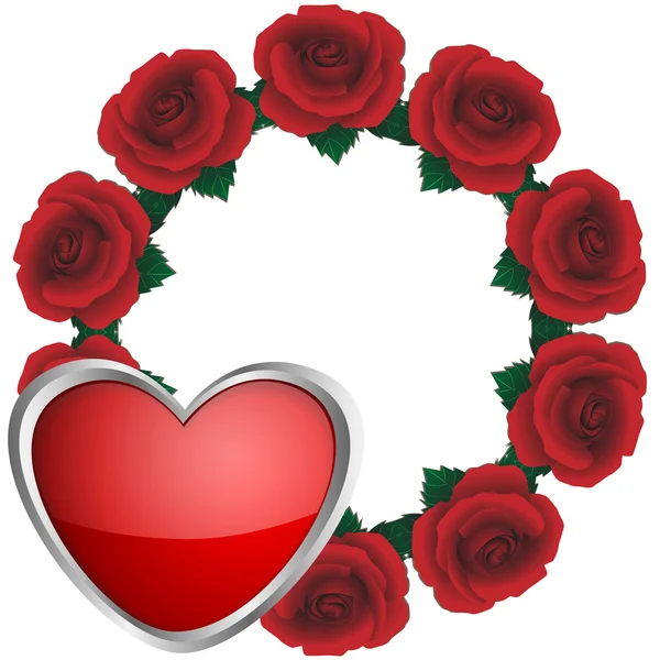 赤いバラと白い背景の上の心からの花輪 — ストックベクタ