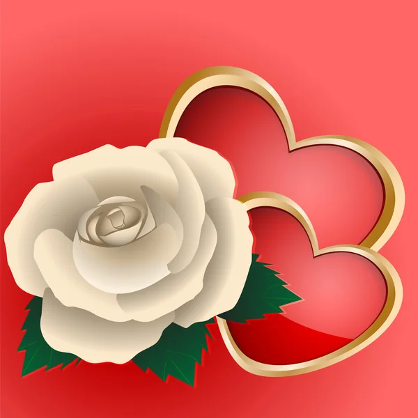 Rose Von Weißer Farbe Und Zwei Herzen Auf Rotem Hintergrund — Stockvektor