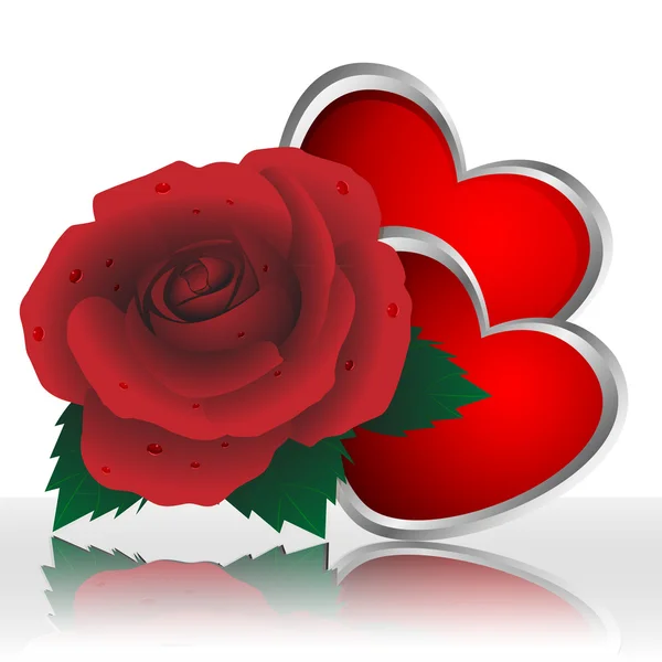 Троянда Червоного Кольору Два Серця Білому Тлі — стоковий вектор