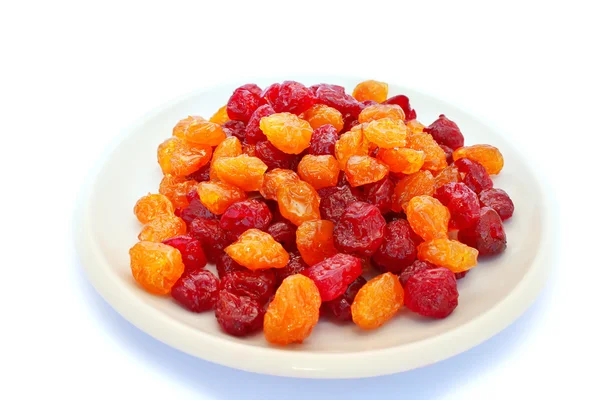 Dried Red Yellow Cherries Plate Isolated White Background — Stock Photo, Image