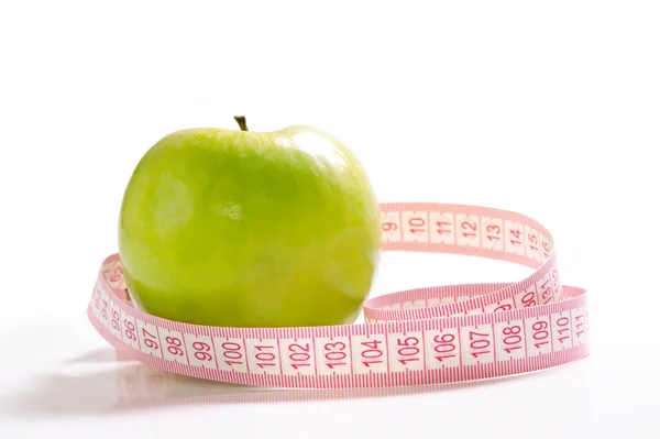 Zielone Jabłko Białym Tle Biały Miara Zwijana Pojęcie Diety Wielki Zdjęcie Stockowe