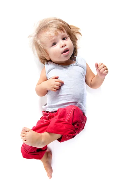 Komik çocuk kırmızı pantolon, yüksek açılı görünüş — Stok fotoğraf
