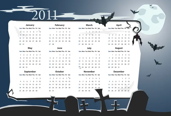 Calendrier vectoriel Halloween 2011 avec cimetière — Image vectorielle