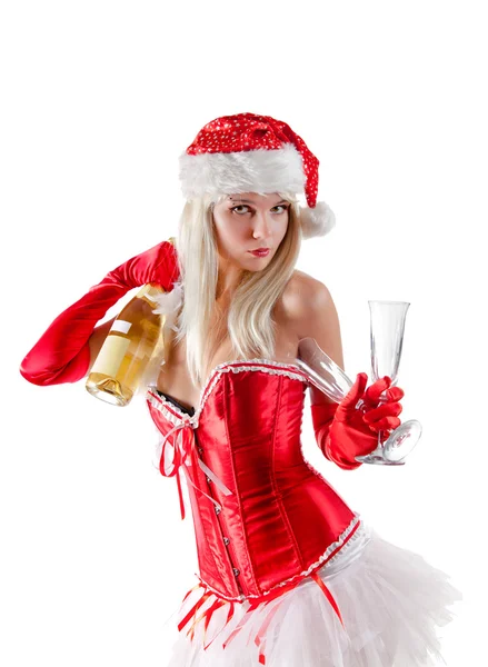 夫人圣诞老人与香槟酒瓶 — 图库照片