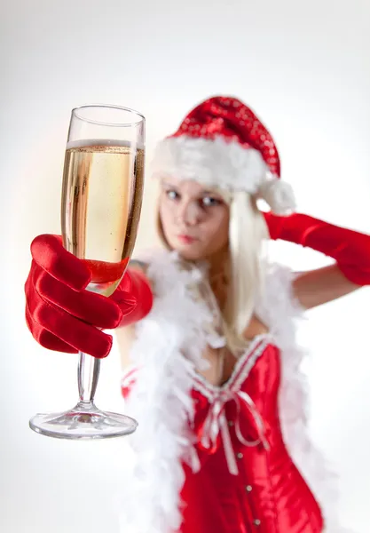 Mrs santa med champagne glas — Stockfoto
