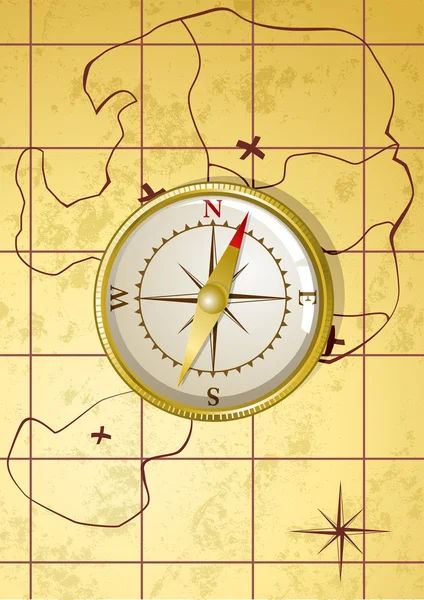 Brújula dorada vectorial en el mapa antiguo — Vector de stock