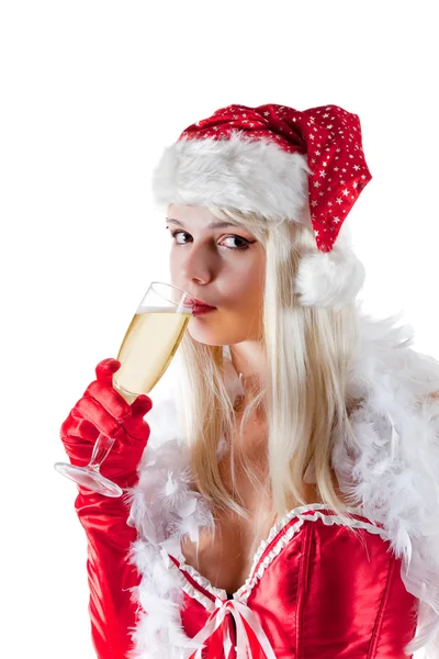 Pani santa claus picia szampana — Zdjęcie stockowe