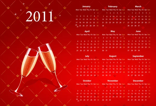 Vector red calendar 2011 with champagne — Stock Vector