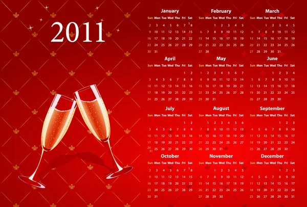 Vector red calendar 2011 with champagne — Stock Vector