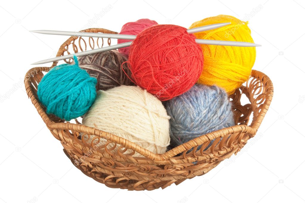 Ball of wool and knitting needles in basket — Stock Photo ...