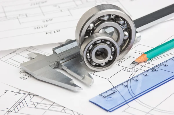 Bearing and caliper on the mechanical engineering drawing — Stock Photo ...