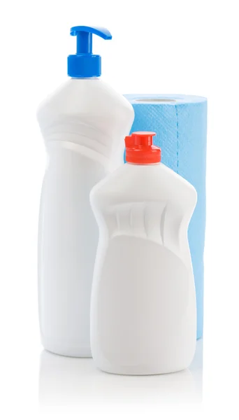 Sammansättningen av rengöringsmedel för vita och blå handduk — Stockfoto