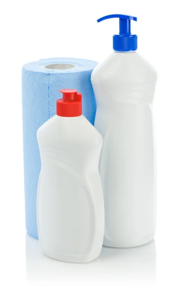 Spray grande y pequeño con toalla de papel aislada sobre fondo blanco — Foto de Stock
