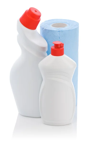 Limpiadores aislados y toallas azules —  Fotos de Stock
