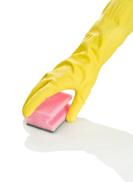 Een hand met roze spons — Stockfoto