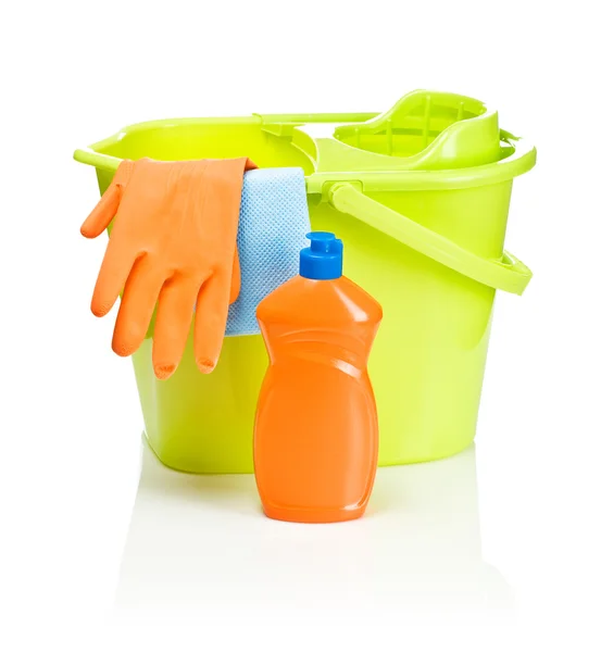 Bucket with bottle glove and rug — Stock Photo, Image