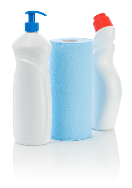 Modrý ručník a dva čističe — Stock fotografie