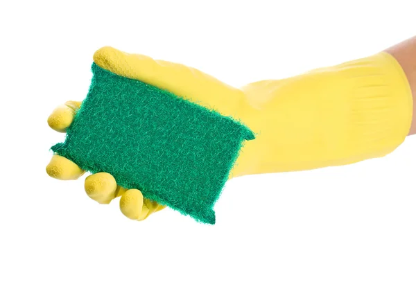 Ruku v rukavici žluté s houbou — Stock fotografie
