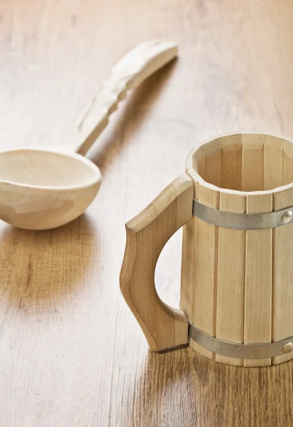 Wooden mug and spoon — Stock Photo, Image
