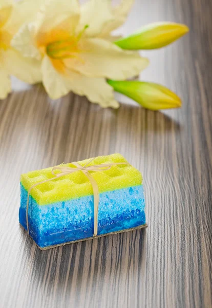 Soap bath sponge and flower — Stock Photo, Image