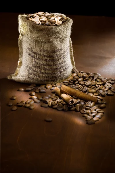 Bag cynnamon brown background — Stock Photo, Image