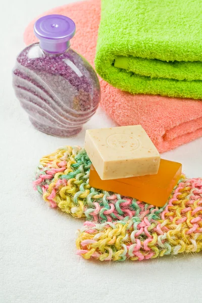 Bast soap salt and towels — Stock Photo, Image