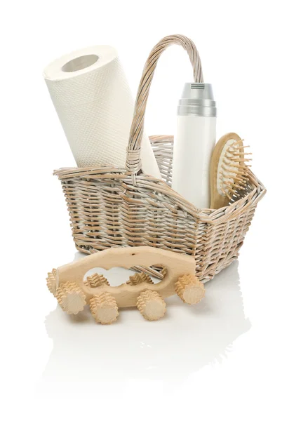Basket with objects and masseur — Stock Photo, Image