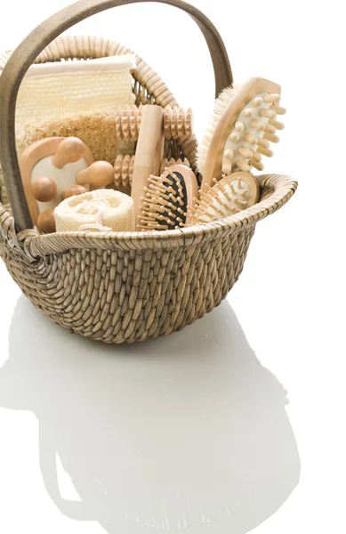 Basket with bath accessories isolated — Stock Photo, Image
