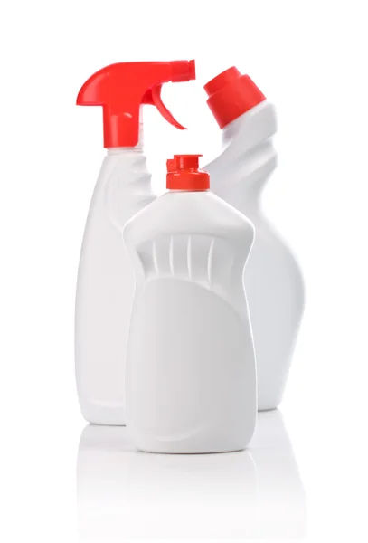 Botellas para limpiar con cubiertas rojas — Foto de Stock
