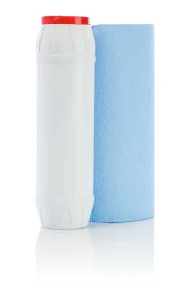 Modrý papír ručník a bílá láhev — Stock fotografie