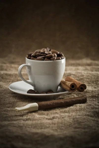Beans in cup and cigar — Stock Photo, Image