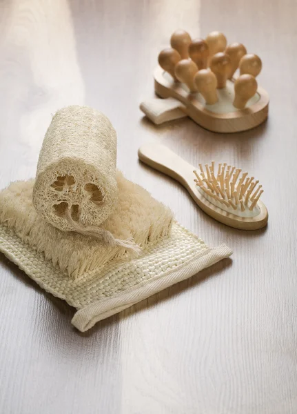 Bath sponge hairbrush and massager — Stock Photo, Image