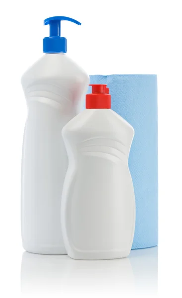 Composition of white bottles and towel — Stock Photo, Image