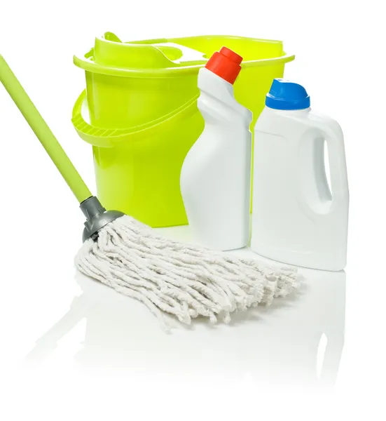 Bucket and mop with cleaners — Stock Photo, Image