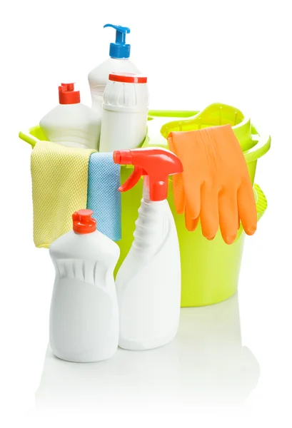 Colored cleaning objects in bucket — Stock Photo, Image