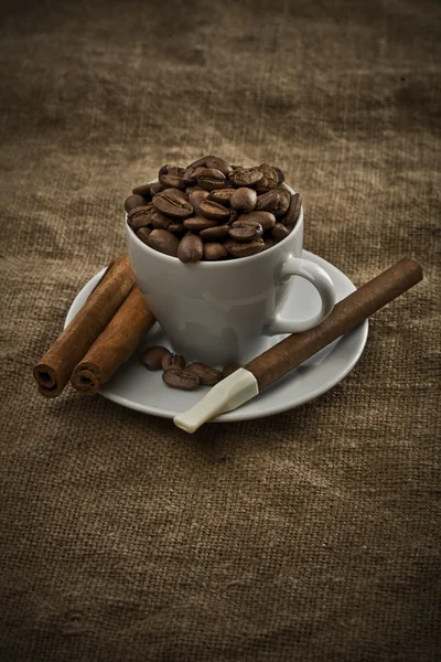 Cup with beans cigar and cinnamon — Stock Photo, Image